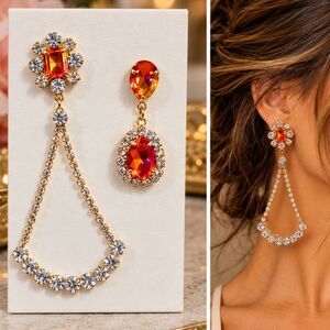 Orange Crystal Rhinestone Asymmetrical Statement Earrings